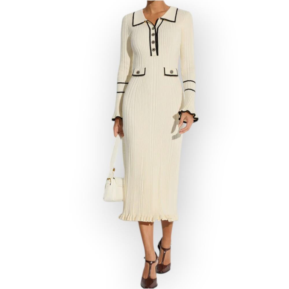 Commense Contrast Trim Ribbed Knit Button Maxi Dress Cream Black - Parisian Chic - Picture 4 of 9